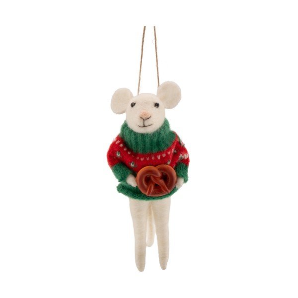 Textilná vianočná ozdoba 6 cm Mouse with Pretzel – Sass & Belle