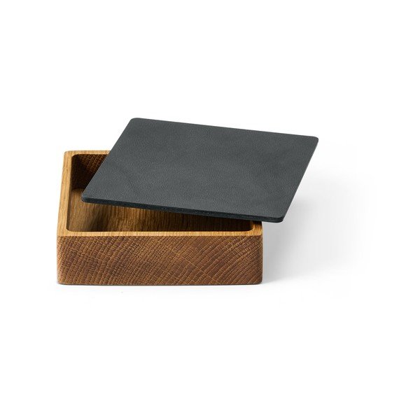 Antracitový/v prírodnej farbe drevený/z eko kože úložný box s vekom/dekoratívny 11x11x3,5 cm Square Nupo – LIND DNA-image-1
