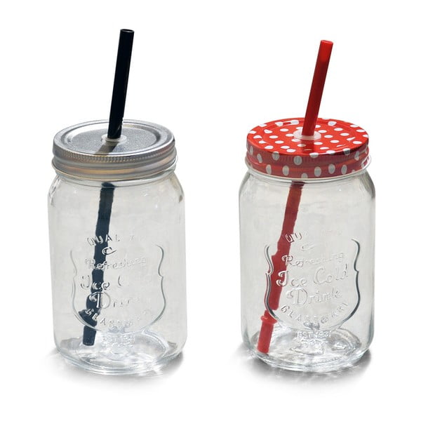 Sada 2 pohárov s vrchnákom a slamkou Interiörhuset Glassjar Straw