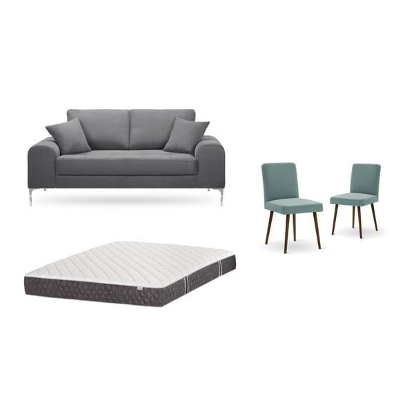 Set dvojmiestnej sivej pohovky, 2 sivozelených stoličiek a matraca 140 × 200 cm Home Essentials