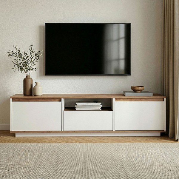 Biely/v prírodnej farbe TV stolík v dekore borovice 160x42x30 cm Sentinel – Kalune Design-image-2