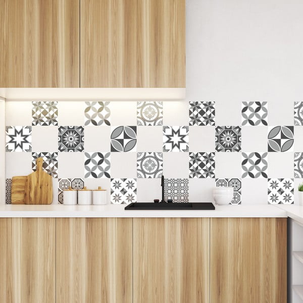 Sada 9 nástenných samolepiek Ambiance Wall Decal Tiles Azulejos Shades of Gray Sotchi, 15 × 15 cm