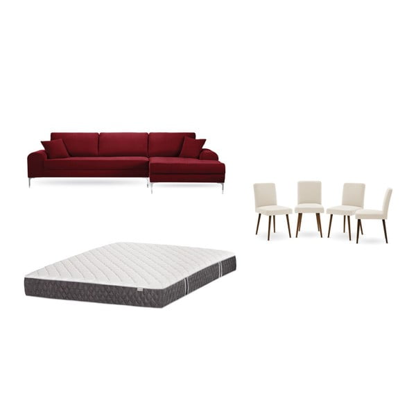 Set červenej pohovky s leňoškou vpravo, 4 krémových stoličiek a matraca 160 × 200 cm Home Essentials
