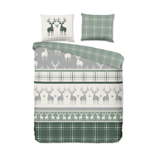 Zeleno-krémové predĺžené flanelové obliečky na dvojlôžko 200x220 cm Bjirk – Good Morning