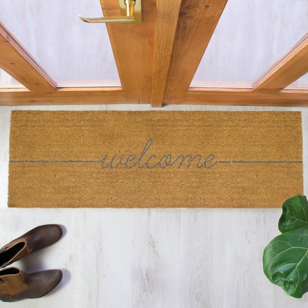 Sivá dlouhá rohožka z prírodného kokosového vlákna Artsy Doormats Welcome, 120 x 40 cm-image-1