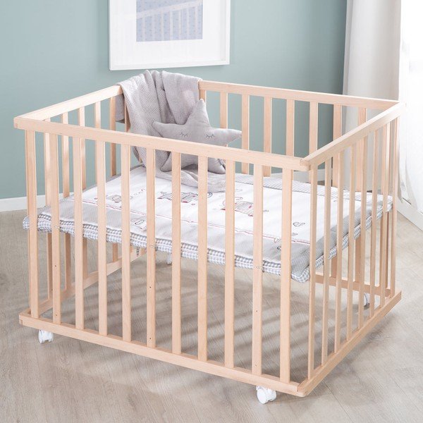 Detská ohrádka na kolieskach v prírodnej farbe 100x75 cm Jumbo Twins – Roba-image-1