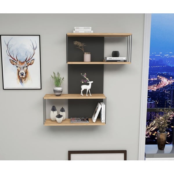 Poschodová polica v dekore borovice v antracitovej a prírodnej farbe 65 cm Destan – Kalune Design-image-1