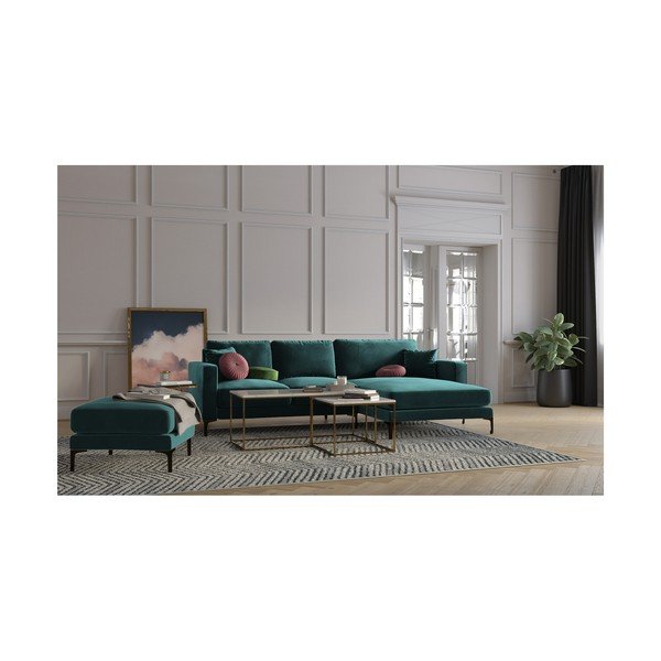 Tyrkysovomodrá zamatová rohová pohovka Kooko Home Harmony, pravý roh-image-4