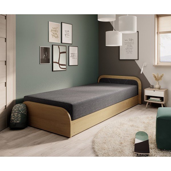 Okrovožltá/tmavosivá čalúnená/z drevotriesky jednolôžková posteľ s úložným priestorom s matracom 80x190 cm Parys – ELTAP-image-1