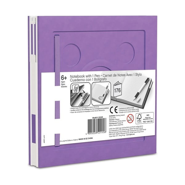 Fialový štvorcový zápisník s gélovým perom LEGO®, 15,9 x 15,9 cm-image-2