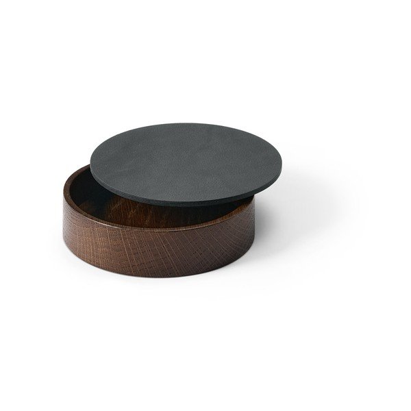 Antracitový/hnedý drevený/z eko kože úložný box s vekom/dekoratívny ø 11x3,5 cm Circle Nupo – LIND DNA-image-1
