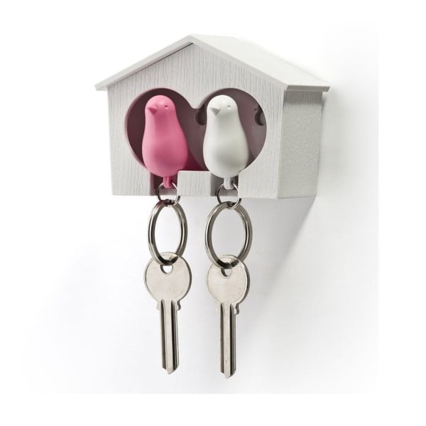 Biely vešiačik na kľúče s bielou a ružovou kľúčenkou Qualy Duo Sparrow