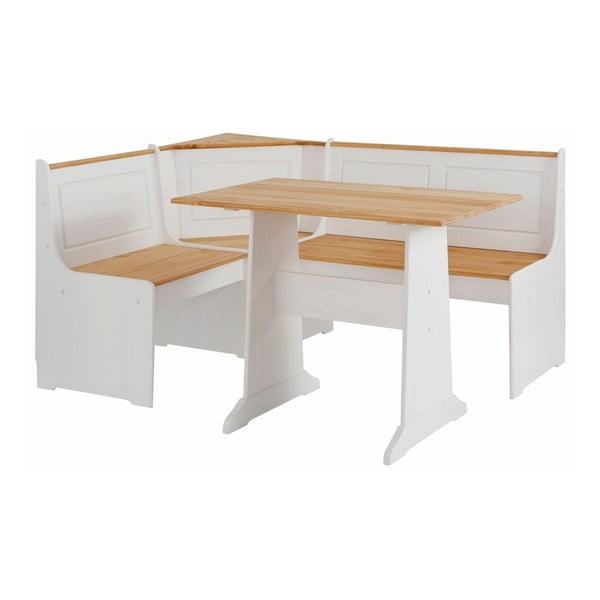 Set bielej rohovej lavice a jedálenského stola z masívneho borovicového dreva Støraa Samantha