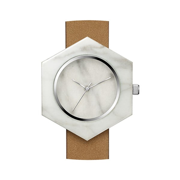 Biele hranaté mramorové hodinky s hnedým remienkom Analog Watch Co.