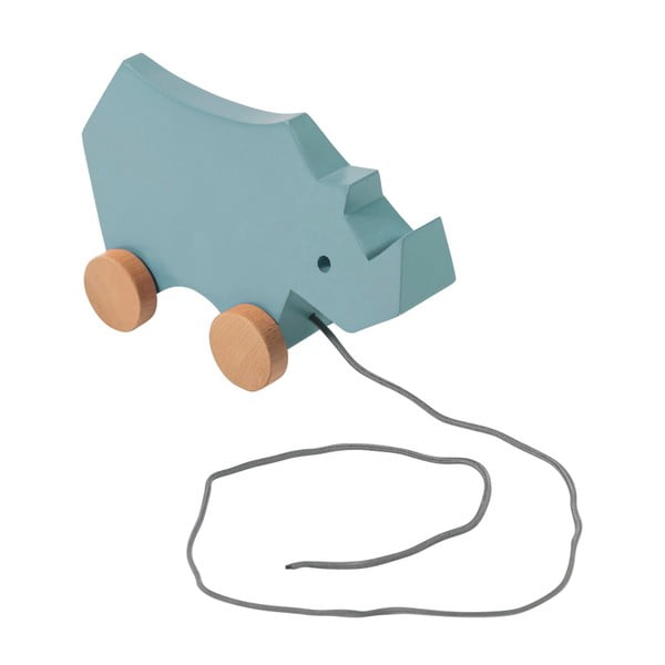 Drevená modrá detská ťahacia hračka na kolieskach Sebra Rhino