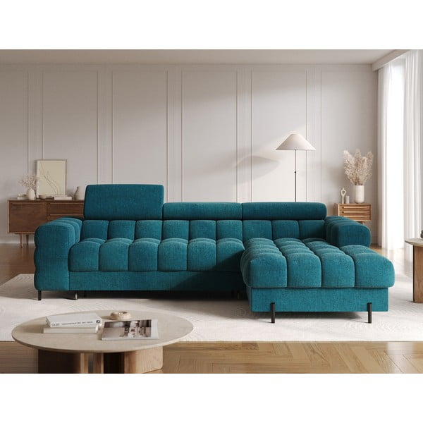 Modrá rozkladacia/s úložným priestorom rohová pohovka z textílie buklé (pravý roh/s leňoškou) Felro – ELTAP-image-1