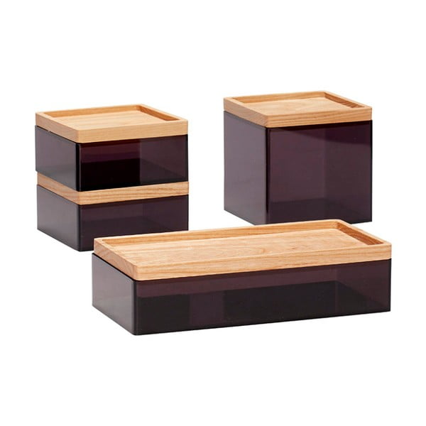 Sada 4 čiernych úložných boxov s vekom z dubového dreva Hübsch Eluf
