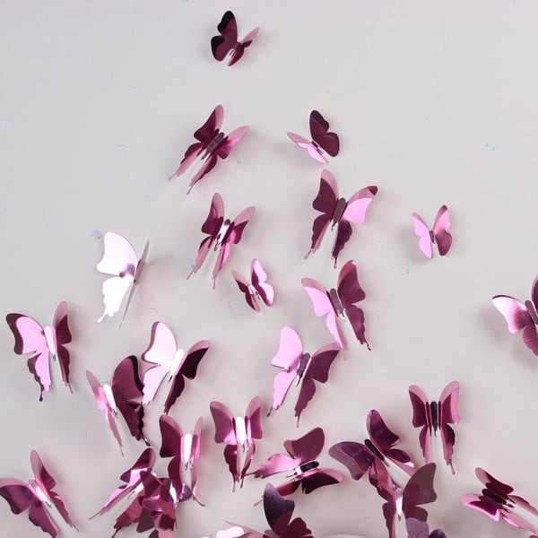 Trojrozmerné samolepky - motýlikovia, zrkadlová ružová