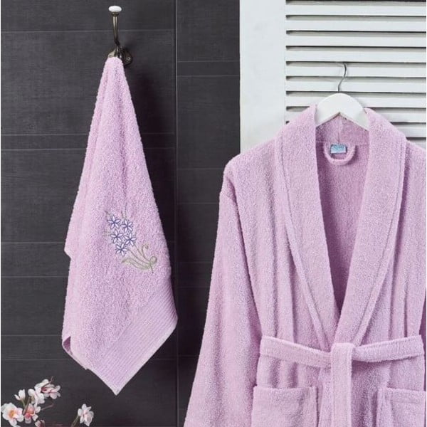 Svetloružový bavlnený župan a uterák v súprave veľkosť S/M – Mila Home-image-1