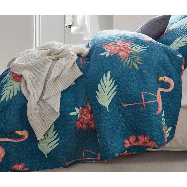 Modrá prikrývka z mikroperkálu s dvoma obliečkami na vankúš Sleeptime Flamingo, 180 x 250 cm-image-1