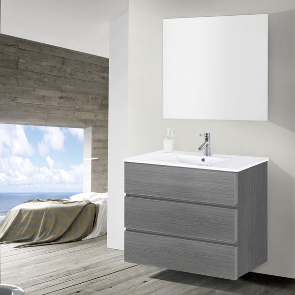 Kúpeľňová skrinka s umývadlom a zrkadlom Nayade, odtieň sivej, 90 cm