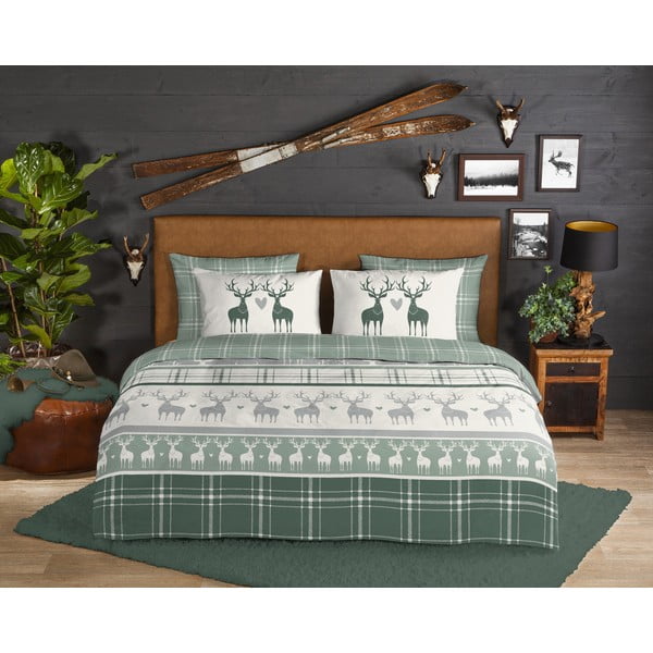 Zeleno-krémové predĺžené flanelové obliečky na dvojlôžko 200x220 cm Bjirk – Good Morning-image-1