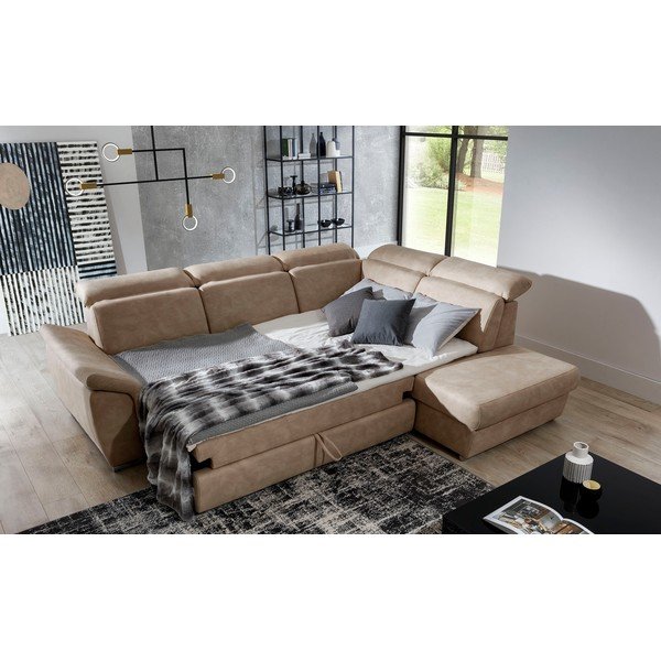 Béžová zamatová rozkladacia/s úložným priestorom rohová pohovka (pravý roh/do L) Loreto – ELTAP-image-4