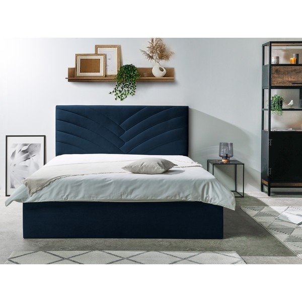 Tmavomodrá čalúnená dvojlôžková posteľ s úložným priestorom s roštom 160x200 cm Palmyre - Bobochic Paris-image-2