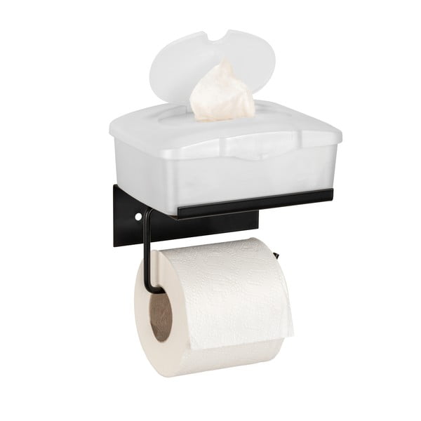 Čierny samodržiaci kovový držiak na toaletný papier s poličkou Desulo – Wenko-image-3