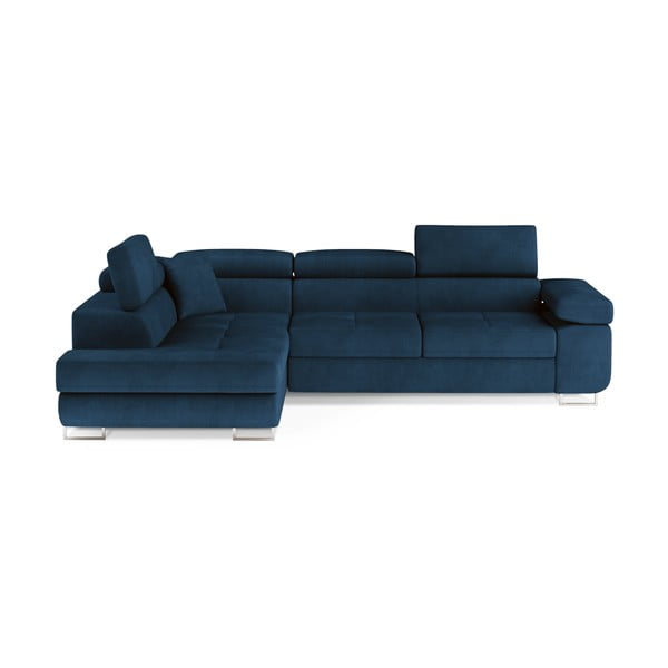 Modrá zamatová rozkladacia/s úložným priestorom rohová pohovka (ľavý roh/do L) Anton – ELTAP