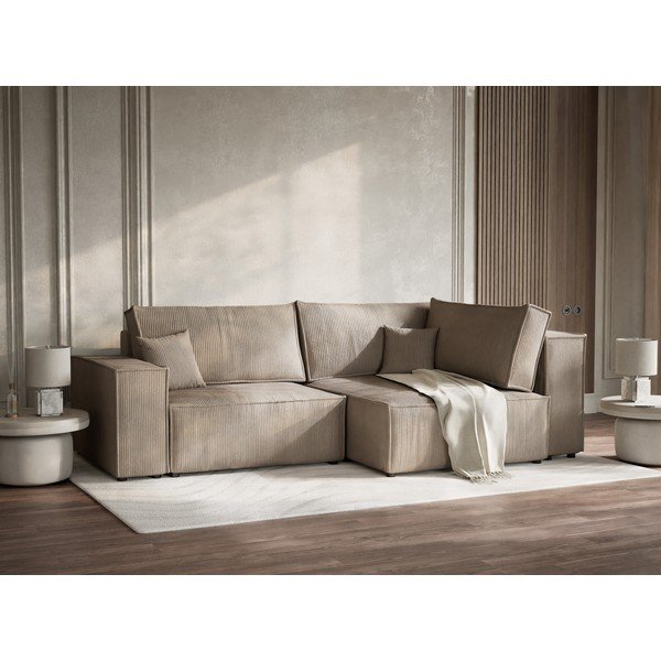 Béžová menčestrová rozkladacia/s úložným priestorom rohová pohovka (pravý roh/do L) Tonga – Maison de Rêve-image-4