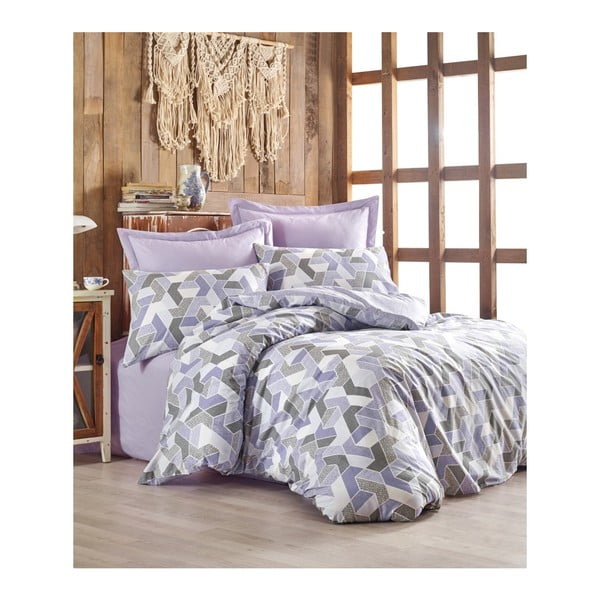 Obliečky s plachtou z ranforce bavlny na dvojlôžko Well Lilac, 200 x 220 cm