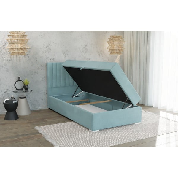 Svetlomodrá čalúnená jednolôžková posteľ s úložným priestorom s roštom 100x200 cm Bunny – Ropez-image-3