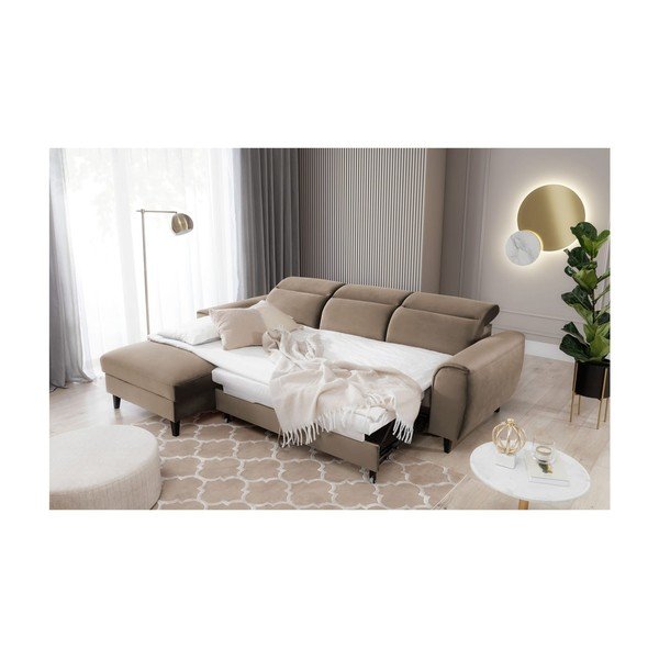 Svetlohnedá zamatová rozkladacia/s úložným priestorom rohová pohovka (ľavý roh/s leňoškou) Foble – ELTAP-image-4