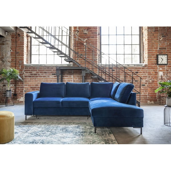 Tmavomodrá zamatová rozkladacia rohová pohovka (pravý roh) Lofty Lilly – Miuform-image-1