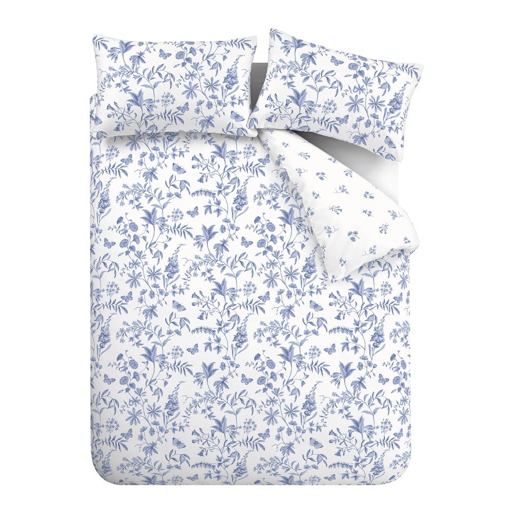 Modré 3-dielne obliečky na dvojlôžko z bavlneného perkálu 200x200 cm Thea Floral – Bianca