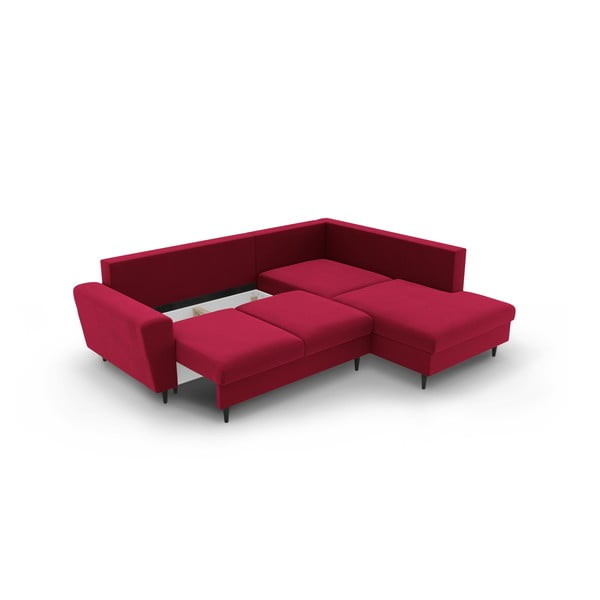 Červená zamatová rozkladacia/s úložným priestorom rohová pohovka (pravý roh/do L) Kyoto – Cosmopolitan Design-image-3