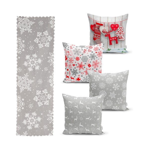 Súprava 4 vianočných obliečok na vankúš a behúň na stôl Minimalist Cushion Covers Snowflakes