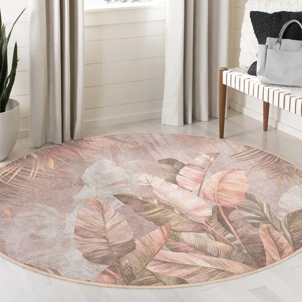 Svetloružový prateľný okrúhly koberec ø 100 cm Dusty Leaves – Mila Home-image-3