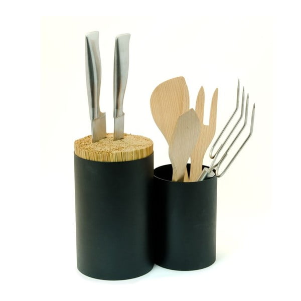 Čierny blok na nože a kuchynské náčinie z bambusového dreva Wireworks Knife&Spoon