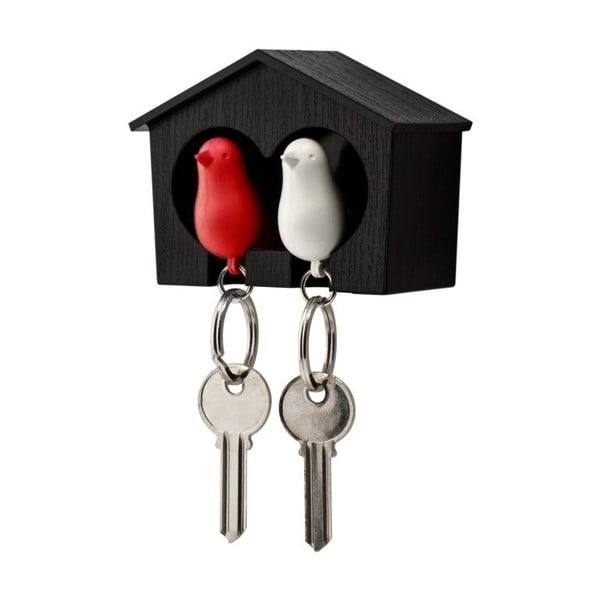 Hnedý vešiačik na kľúče s bielou a červenou kľúčenkou Qualy Duo Sparrow