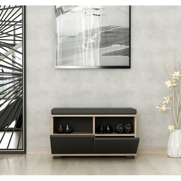 Srkinka na topánky v dekore orecha s lavicou v čierno-prírodnej farbe Drago – Kalune Design-image-4