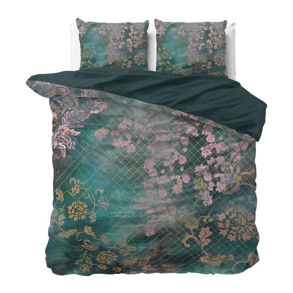 Zelené bavlnené obliečky na dvojlôžko Pure Cotton Tiran Flower, 240 x 200 cm