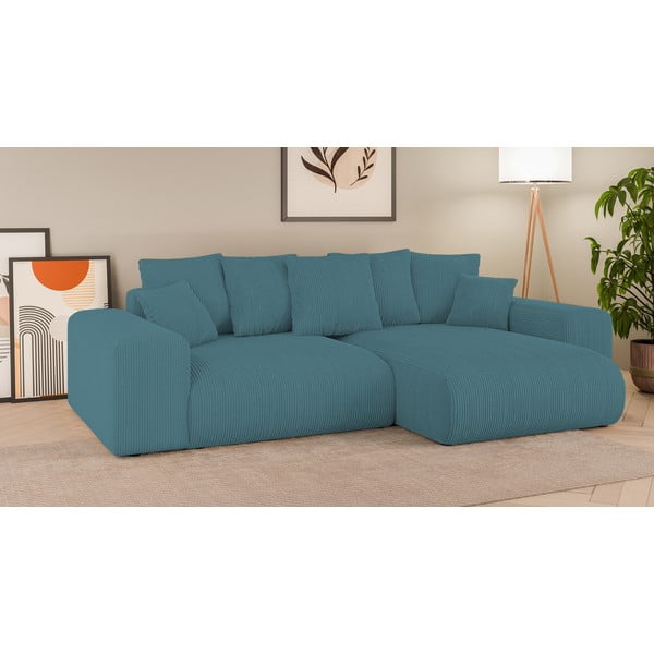 Tyrkysová menčestrová rozkladacia/s úložným priestorom rohová pohovka Luma – Ropez-image-1