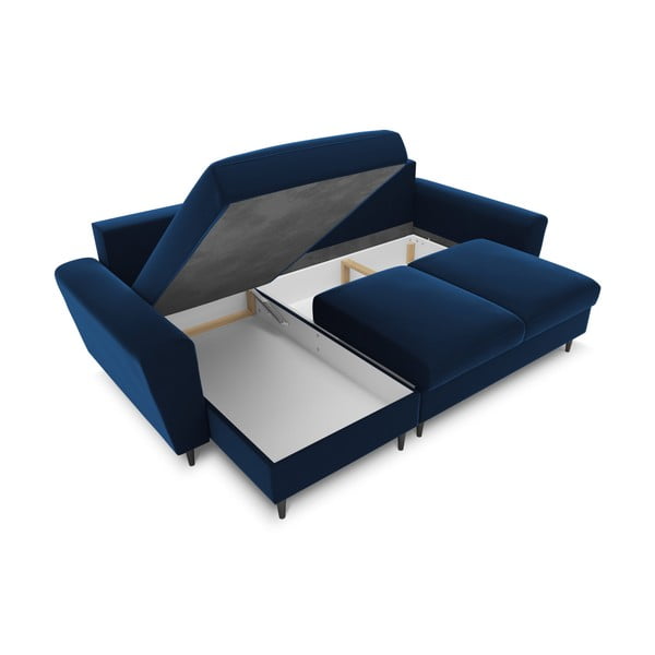 Modrá zamatová rozkladacia/s úložným priestorom rohová pohovka Kyoto – Cosmopolitan Design-image-2