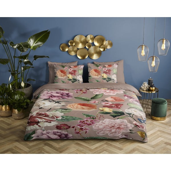 Sivé/hnedé obliečky na dvojlôžko/predĺžené z bavlneného saténu 240x220 cm Fiori – Descanso-image-1