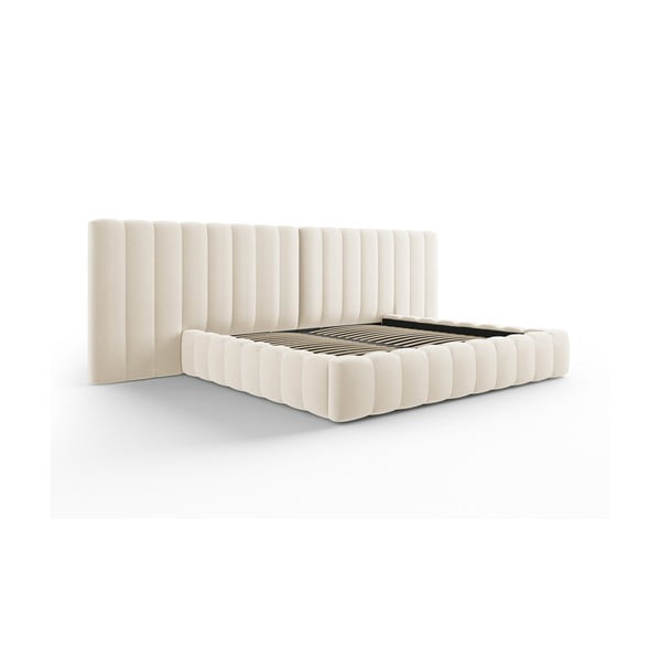 Béžová čalúnená dvojlôžková posteľ s úložným priestorom a roštom 200x200 cm Gina – Milo Casa