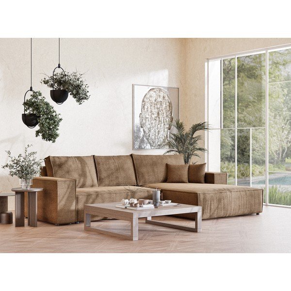 Svetlohnedá ženilková rozkladacia/s úložným priestorom rohová pohovka (pravý roh/s leňoškou) Maze – Maison de Rêve-image-1