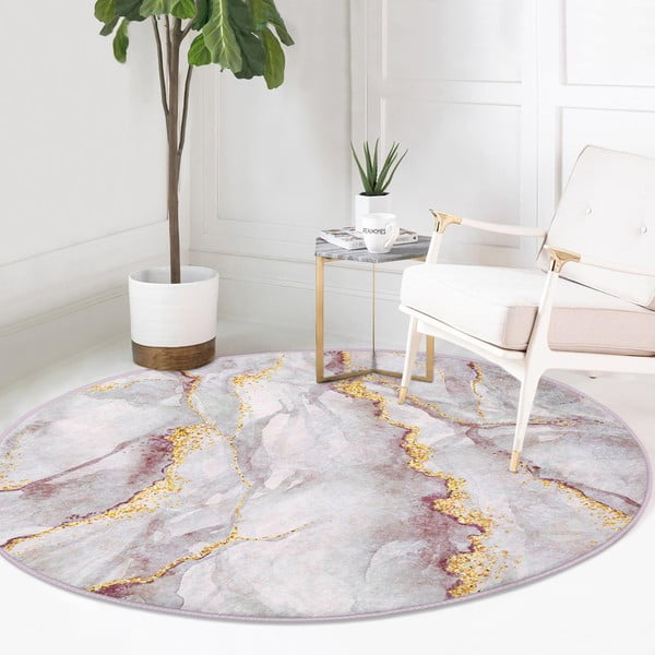 Svetloružový/v zlatej farbe prateľný okrúhly koberec ø 80 cm Marble – Mila Home-image-2