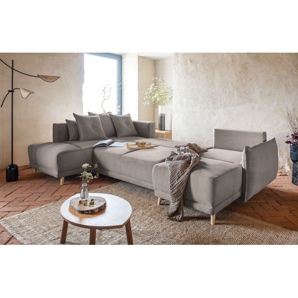 Svetlohnedá menčestrová rozkladacia rohová pohovka (ľavý roh/do "U") Lazy Lukka – Miuform-image-1